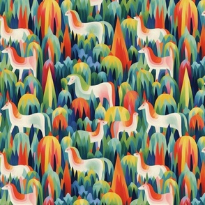 forest of the rainbow unicorns inspired by seurat