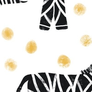 415 - Large scale black and white hand drawn textured grungy zebra with lemon yellow organic irregular polka dot textured background, for kids décor, for savannah/tropical/wild theme nursery and children's  apparel, wallpaper, sheet sets and pyjamas. 