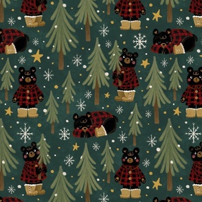 Winter Woodland Black Bears with Buffalo Check Lumberjack Hipster | Christmas Trees, Holiday