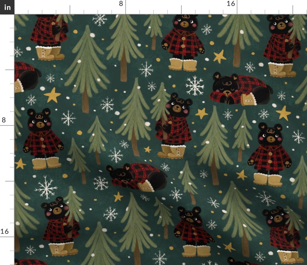 Winter Woodland Black Bears with Buffalo Check Lumberjack Hipster | Christmas Trees, Holiday