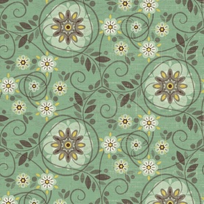 Serene Flowers and Vines - Jade and cream (large scale)