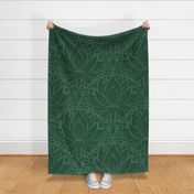 stylized lotus flowers. Emerald background with dark green flowers and ornaments - large scale