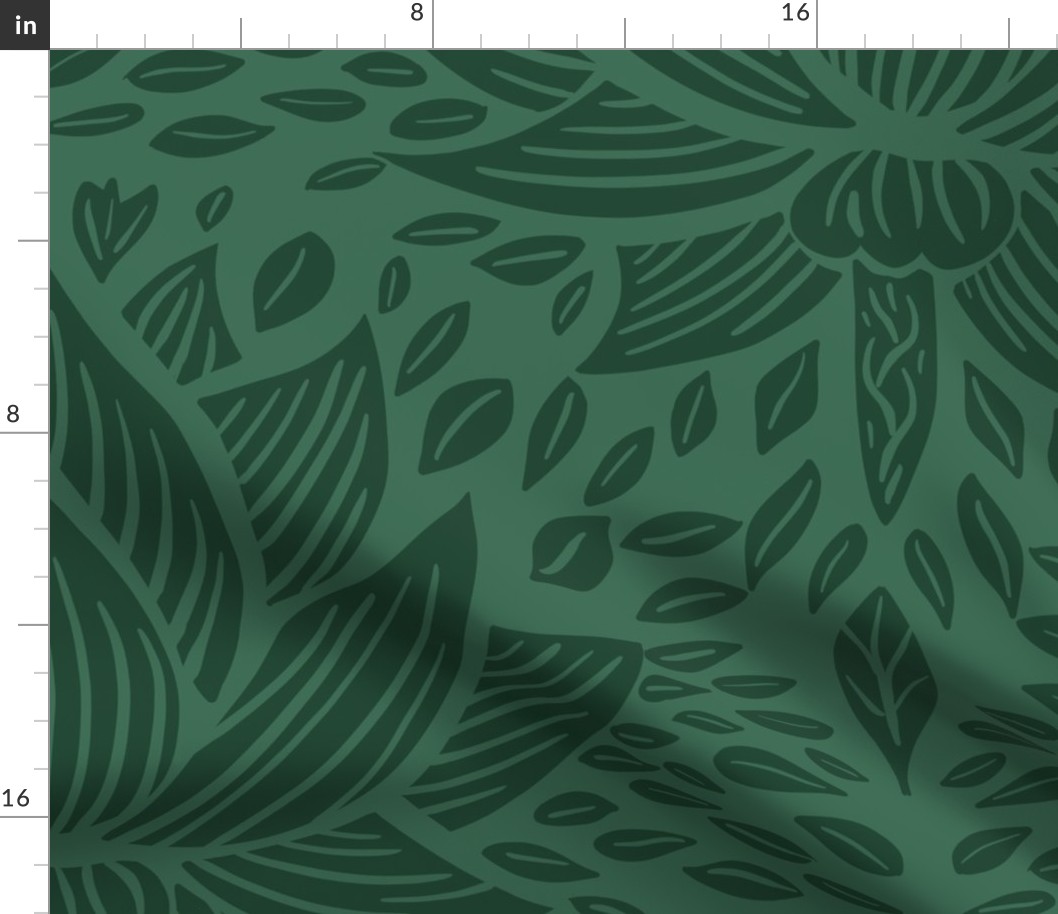 stylized lotus flowers. Emerald background with dark green flowers and ornaments - large scale