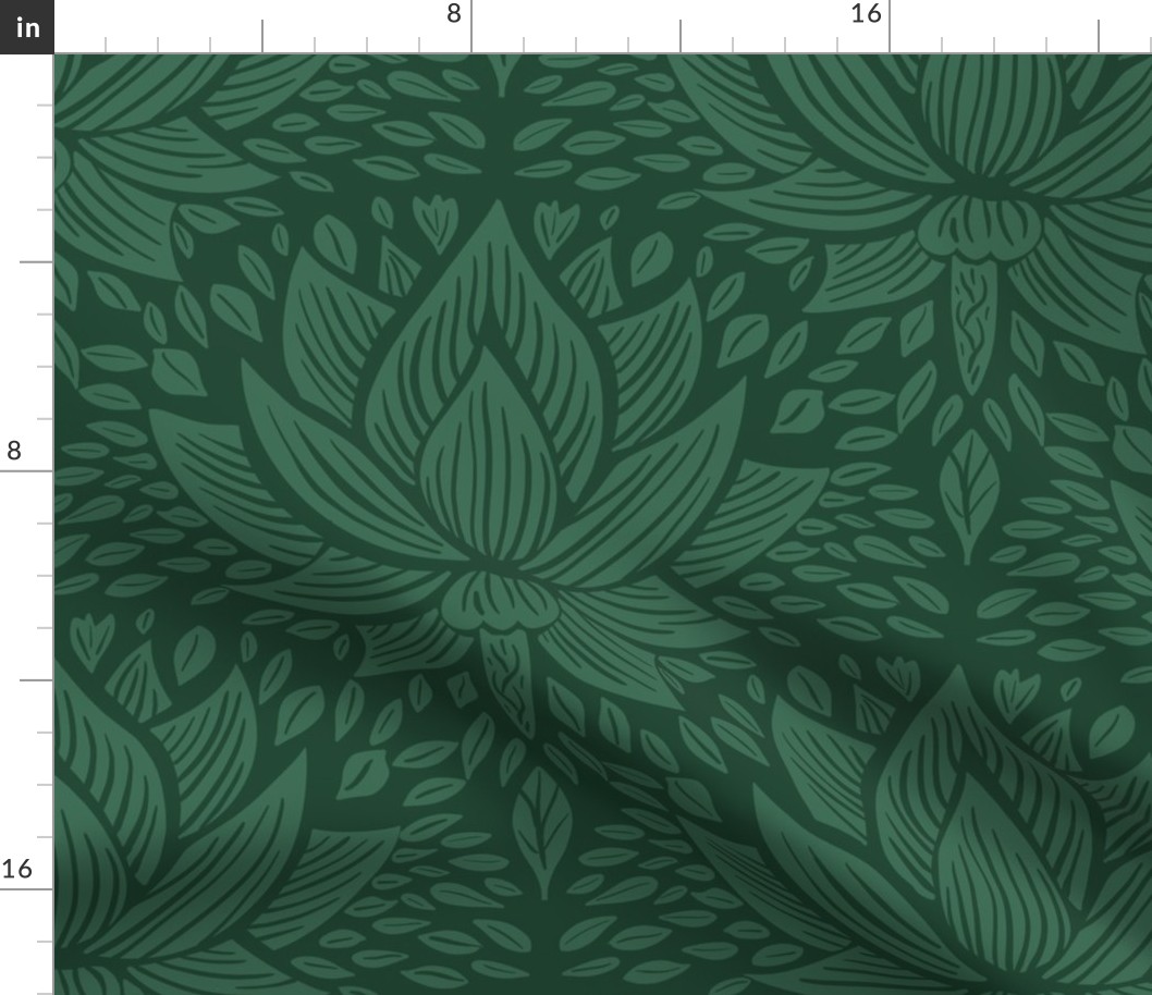 stylized lotus flowers. dark green background with Emerald flowers and ornaments - medium scale