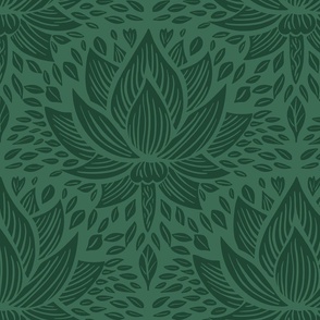 stylized lotus flowers. Emerald background with dark green flowers and ornaments - medium scale