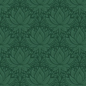 stylized lotus flowers. dark green background with Emerald flowers and ornaments - small scale