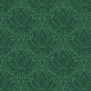 stylized lotus flowers. Emerald background with dark green flowers and ornaments - small scale