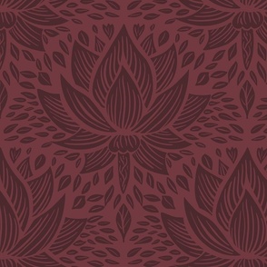 stylized lotus flowers. lighter background with burgundy / rosewood flowers and ornaments - medium scale