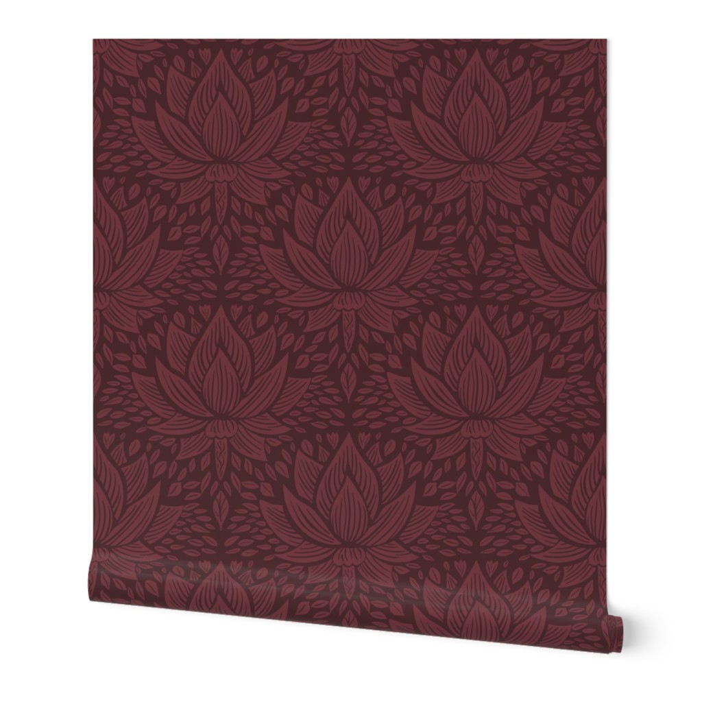 stylized lotus flowers. darker background with burgundy / radicchio leaf and ornaments - medium scale