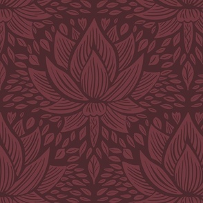 stylized lotus flowers. darker background with burgundy / radicchio leaf and ornaments - medium scale