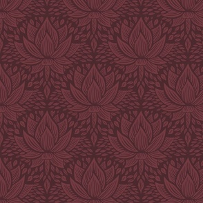 stylized lotus flowers. darker background with burgundy / radicchio leaf and ornaments - small scale