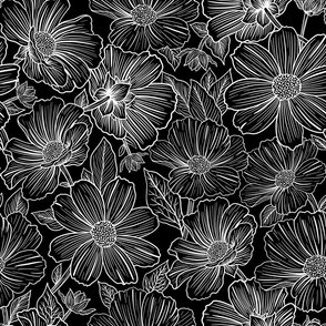 Black and White Line Art Floral Design Wallpaper - Big Size 