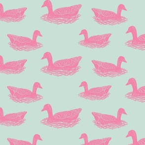 fun block print Swimming ducks, loons in teal green and pink,  pop art