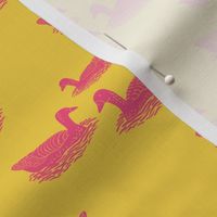 Ducks in bold vivid colors-Bubblegum pink and deep yellow blockprint pop art inspired with a retro pop art twist
