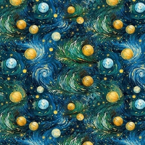 gold and blue balls in a starry night christmas tree inspired by van gogh