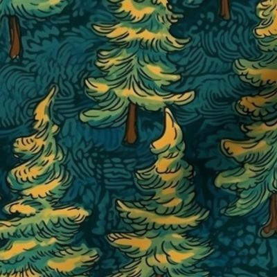 van gogh inspired fir tree forest at christmas