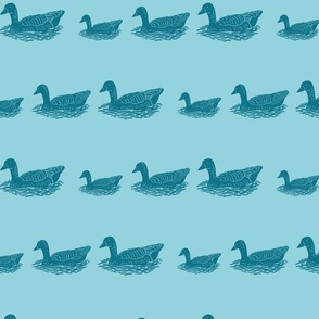 fun block print Swimming ducks, loons in teal blue on sky blue background, pop art