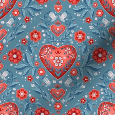 Red Damask Hearts in Blue-8" rpeat
