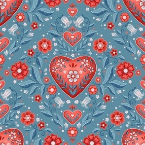 Red Damask Hearts in Blue-8" rpeat