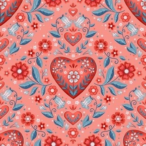 Red Damask Hearts in Pink-8" repeat