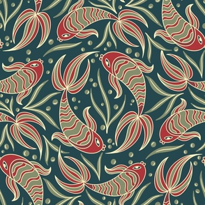 Aztec Swimming Fishes in Red and Blue - Big Size 