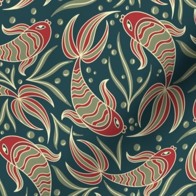 Aztec Swimming Fishes in Red and Blue - Small Size 
