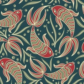 Aztec Swimming Fishes in Red and Blue - Small Size 