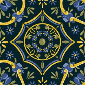 Mediterranean Tiles in Dark Blue and Geometric Yellow Florals - Big Size 