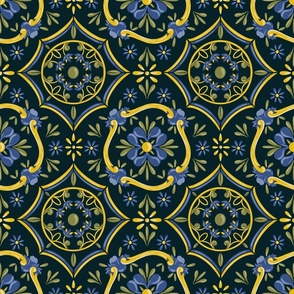 Mediterranean Tiles in Dark Blue and Geometric Yellow Florals - Small Size 