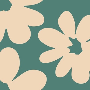 Daisy Chain Large Scale Floral Wallpaper Teal Green and Beige Flowers Home Decor