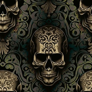 Ornate Skulls in Elegant Black and Gray with Subtle Green Accents