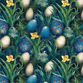blue and white easter eggs hidden among the day lilies inspired by van gogh