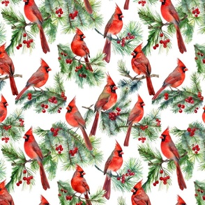 red cardinals on green branches with red berries, watercolor