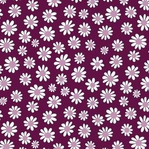 Joyful White Daisies - Ditsy Scale - Mulberry Pink Purple Red Retro Vintage Flowers Floral