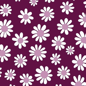 Joyful White Daisies - Large Scale - Mulberry Pink Purple Red Retro Vintage Flowers Floral
