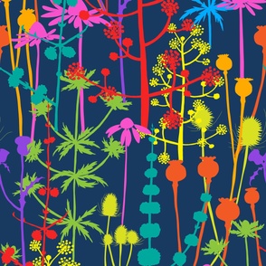 Jumbo - A maximalist floral meadow of bold, colourful silhouettes layered to create a design full of energy and vibrancy. Multi-colored stylised flowers on a navy blue background.