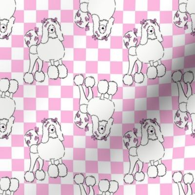 Small - Cute Poodle on pink and white checkerboard - Pets Dogs - dog check - pink bows