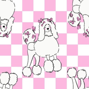 Large - Cute Poodle on pink and white checkerboard - Pets Dogs - dog check - pink bows