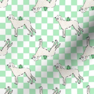 Small - Irish Wolfhound with frog on light minty green and white checkerboard - Pets Dogs - dog check - Irish Greyhound