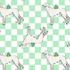 Small - Irish Wolfhound with frog on light minty green and white checkerboard - Pets Dogs - dog check - Irish Greyhound