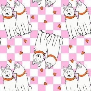 Small - Cute Siberian Huskies on pink and white checkerboard with hearts - Siberian Husky - Pets Dogs - dog check - Chukcha - Sibe - love - valentines - dog lover