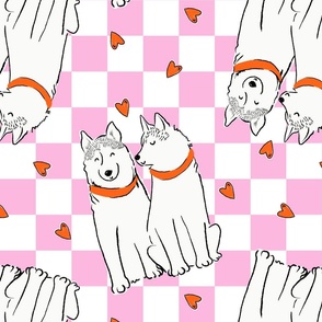 Large - Cute Siberian Huskies on pink and white checkerboard with hearts - Siberian Husky - Pets Dogs - dog check - Chukcha - Sibe - love - valentines - dog lover