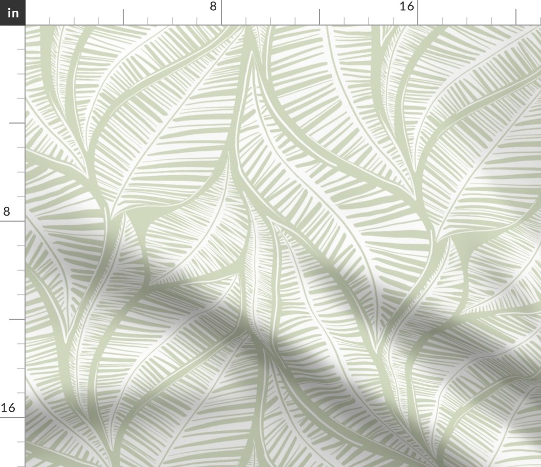 Serene Palm Leaves,  sage background white leaves smaller scale