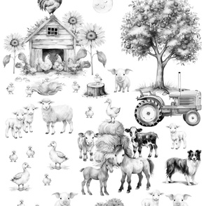 Farm Animals Scene Gray 