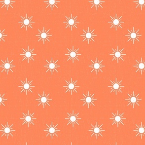 Suns on coral, linen textured, medium scale