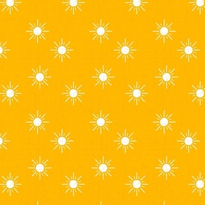 Suns on buttercup yellow, linen textured, medium scale
