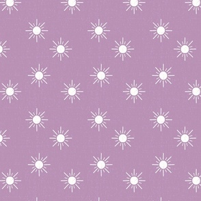 Suns on retro dusky lilac purple, linen textured, medium scale