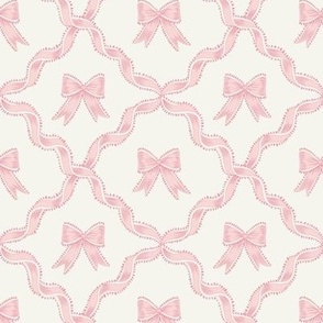 Small Pink Bows with Ribbon Diamond Trellis on Benjamin Moore Alabaster White Background