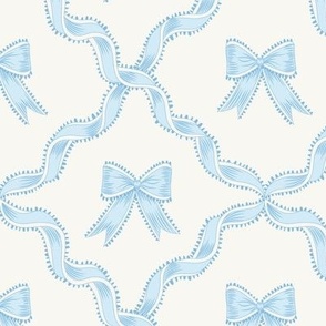 Medium Blue Bows with Ribbon Diamond Trellis on Benjamin Moore White Opulence Background