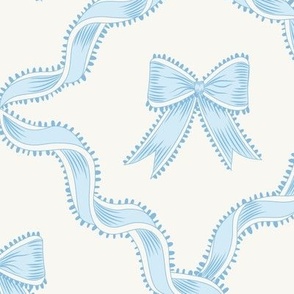 Large Blue Bows with Ribbon Diamond Trellis on Benjamin Moore White Opulence Background